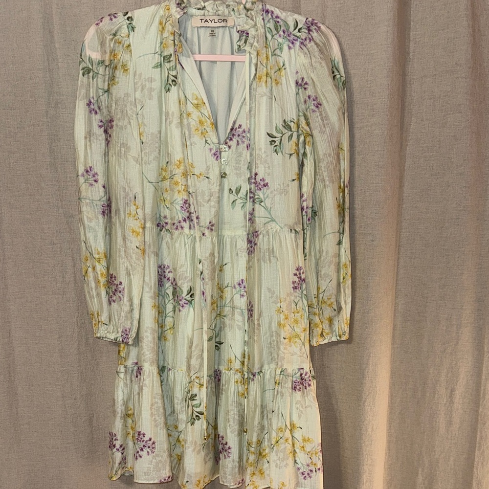 Taylor Mint Floral Tiered Dress with Yellow & Purple Accents